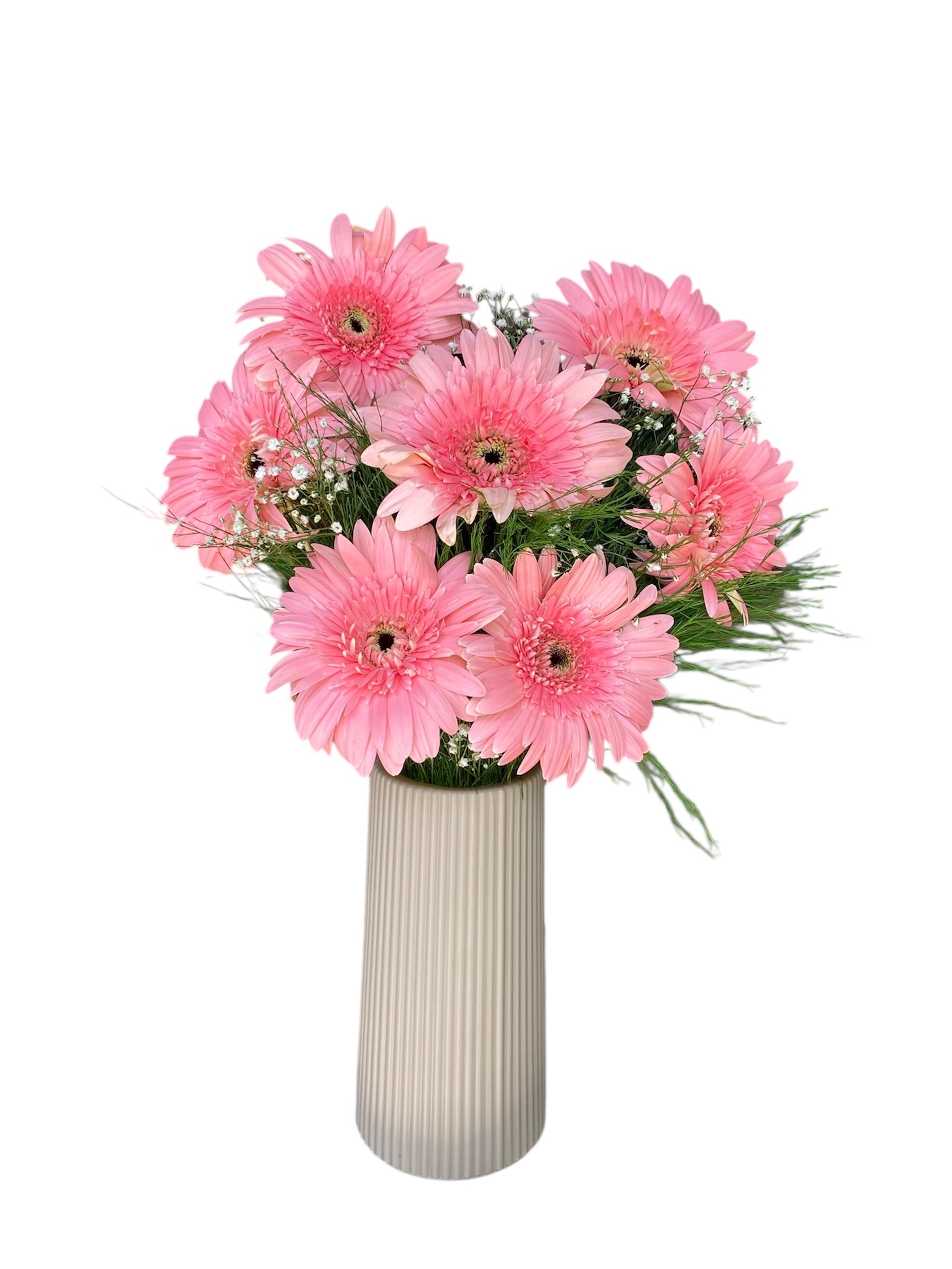 Bej Çizgili Vazoda 7'li Pembe Gerbera 