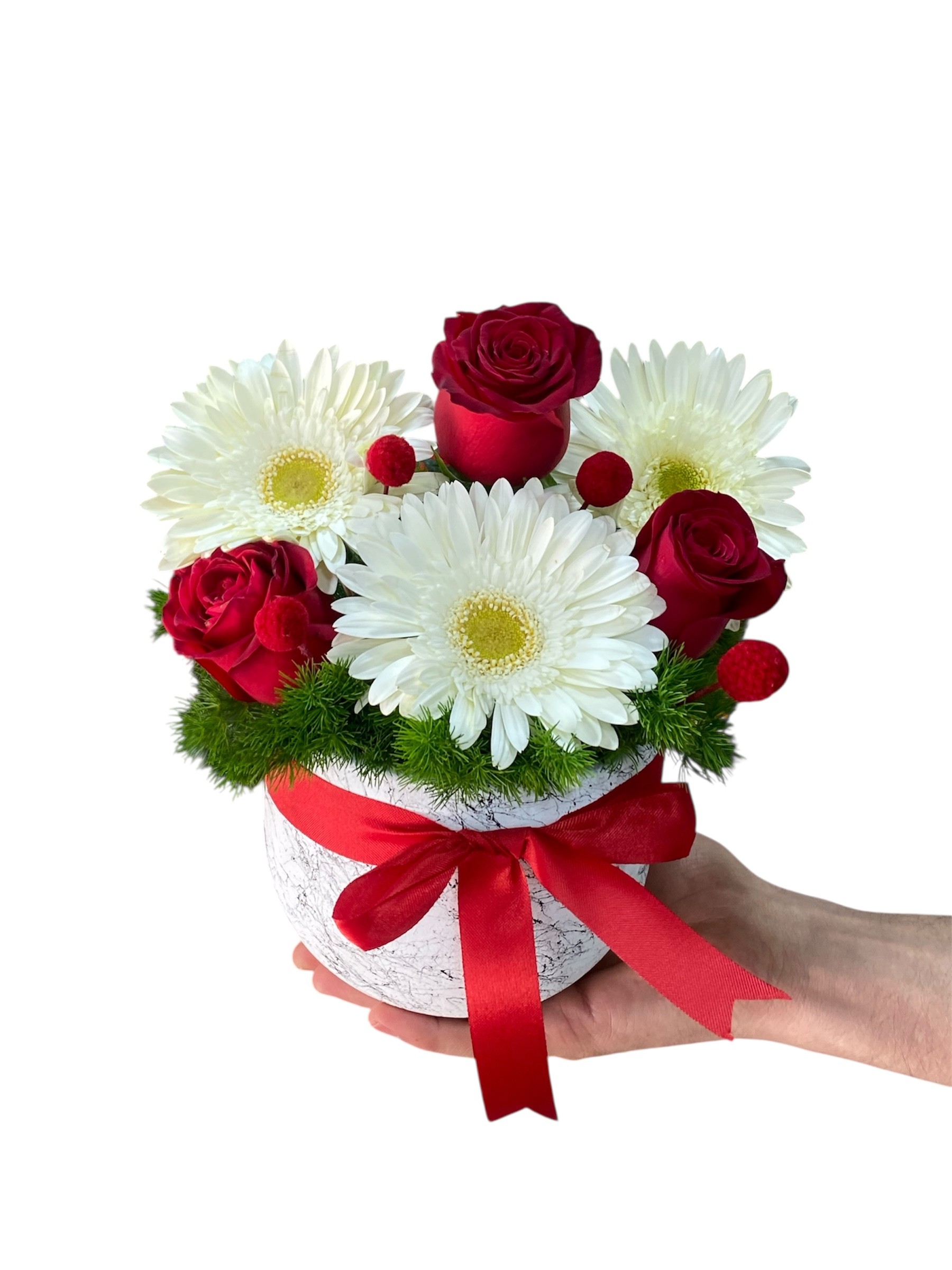 Desenli Vazosunda Kırmızı Gül Beyaz Gerbera