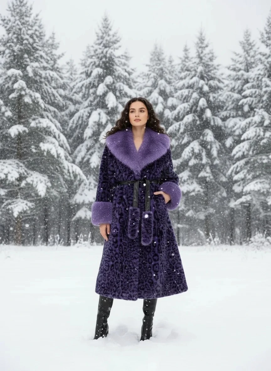 Leopar Desen Uzun Kürk