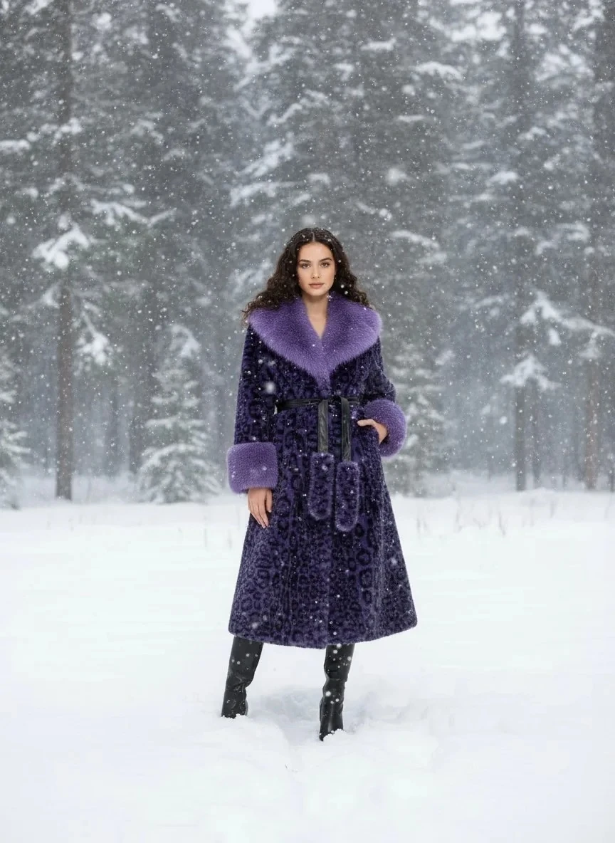 Leopar Desen Uzun Kürk