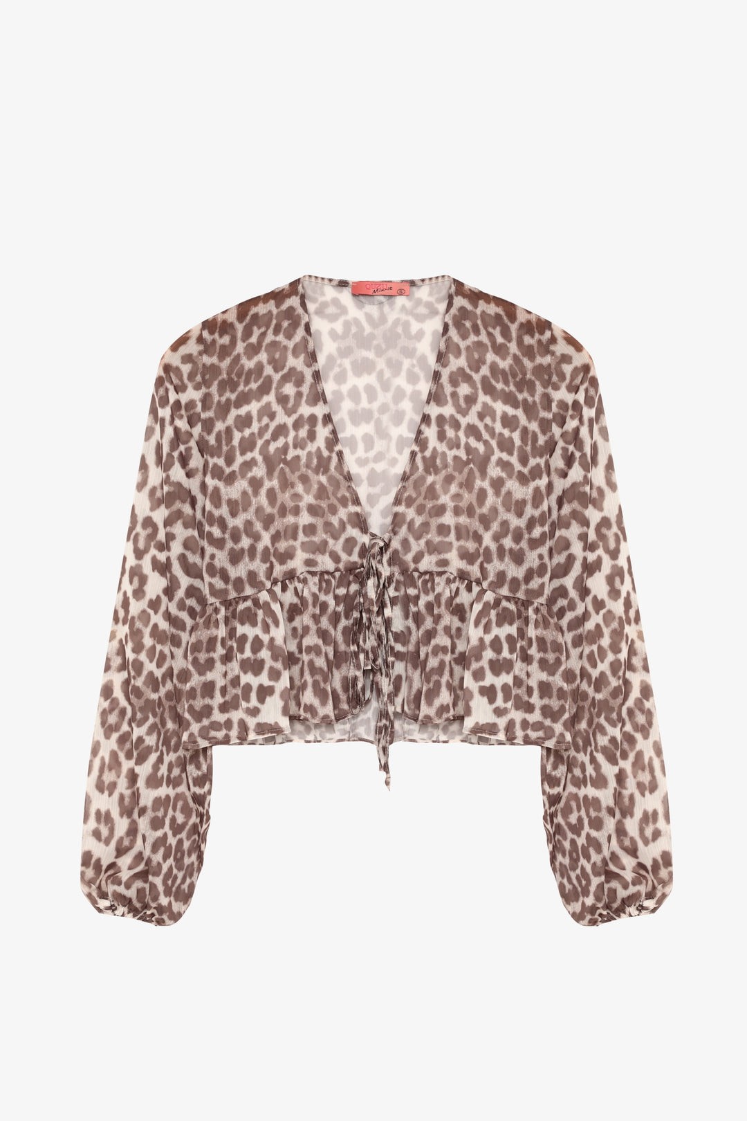 Leopar Desenli Bağcıklı Fırfırlı Tül Bluz