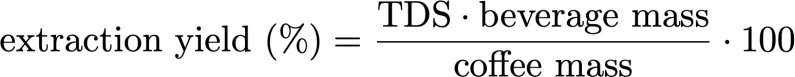                            ekstraksiyon verimi(%)= TDS.içecek kütlesi:kahve kütlesi.100