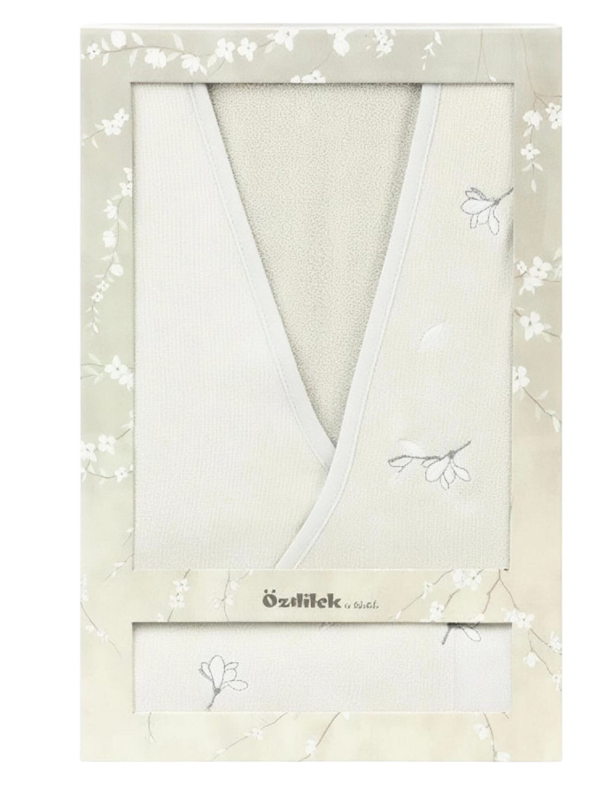 Özdilek White Sakura Kadife Kadın Bornoz Seti – %100 Pamuk, Nakışlı, Şık Hediye Kutulu