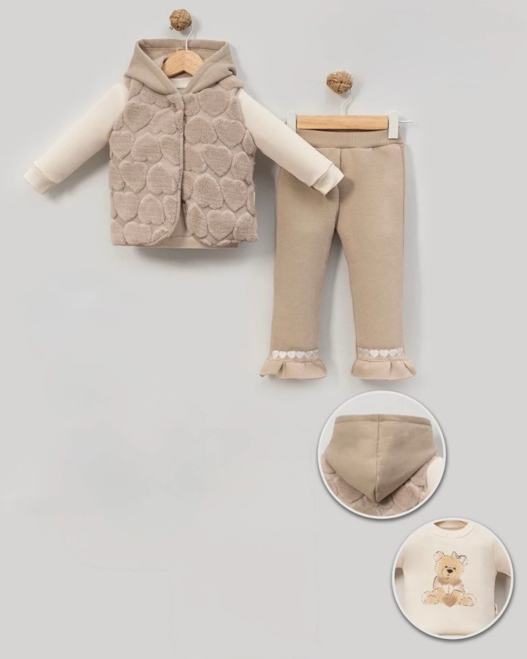 Kapşonlu Peluş Yelekli Kız Bebek 3lü Kombin Takım I 9-12-18 Ay