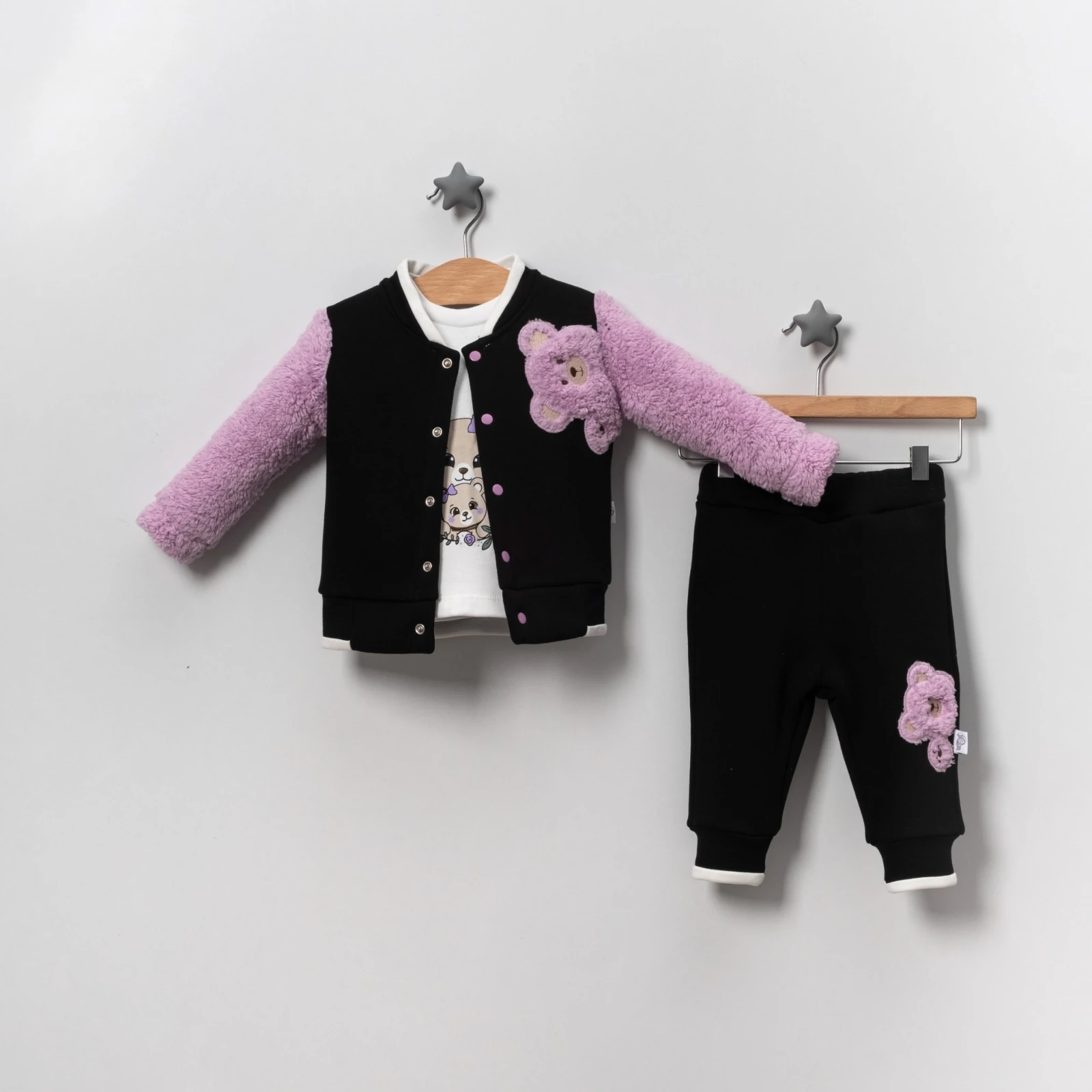 Welsoft Kollu 3’lü Ayıcık Detaylı Kız Bebek Takımı | 6-12-18 ay