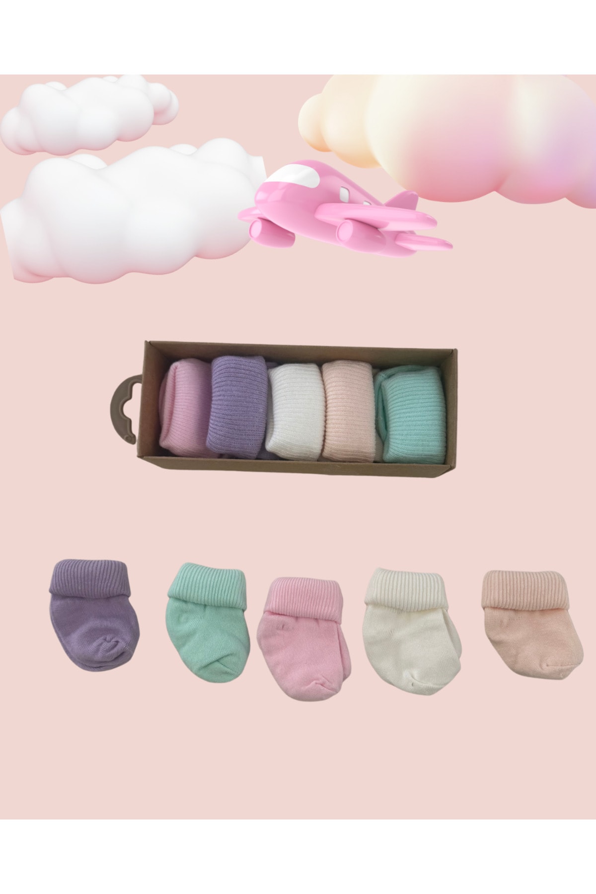 5li pamuklu pastel renkli kız bebek çorabı 0-3/3-6 ay
