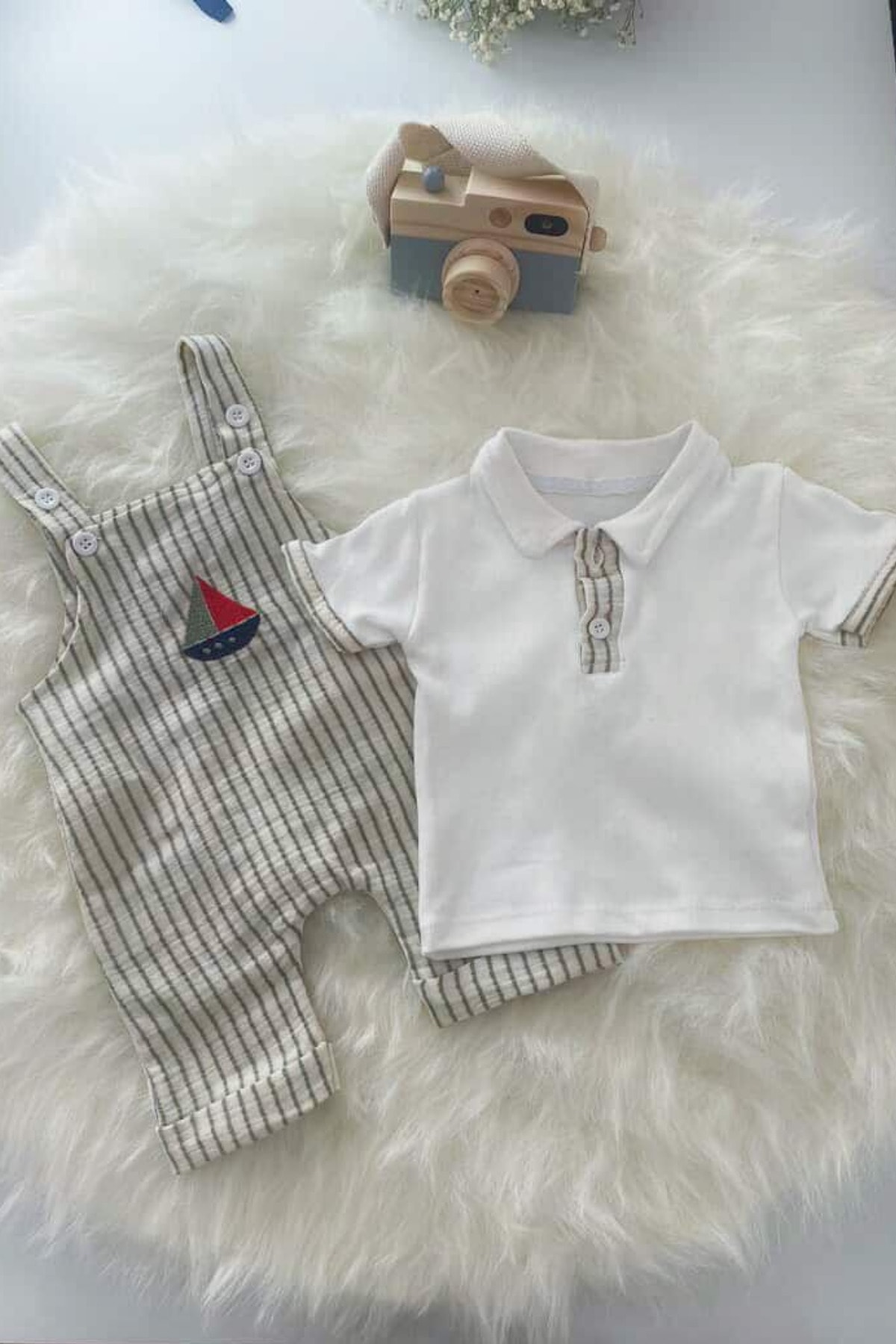 Müslin Kumaş Erkek Bebek Salopet Takım | Düğmeli Yaka Detaylı Yazlık Tulum (0-3/3-6/6-9/9-12 Ay)
