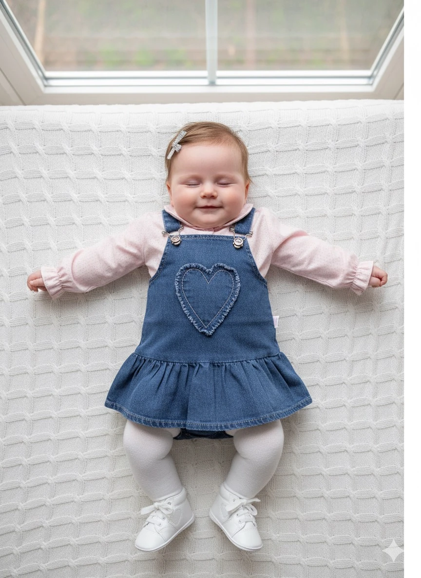 Uzun kol Pembe Gömlekli Kalpli Kız Bebek Kot Elbise I 6-9/9-12/12-18 ay