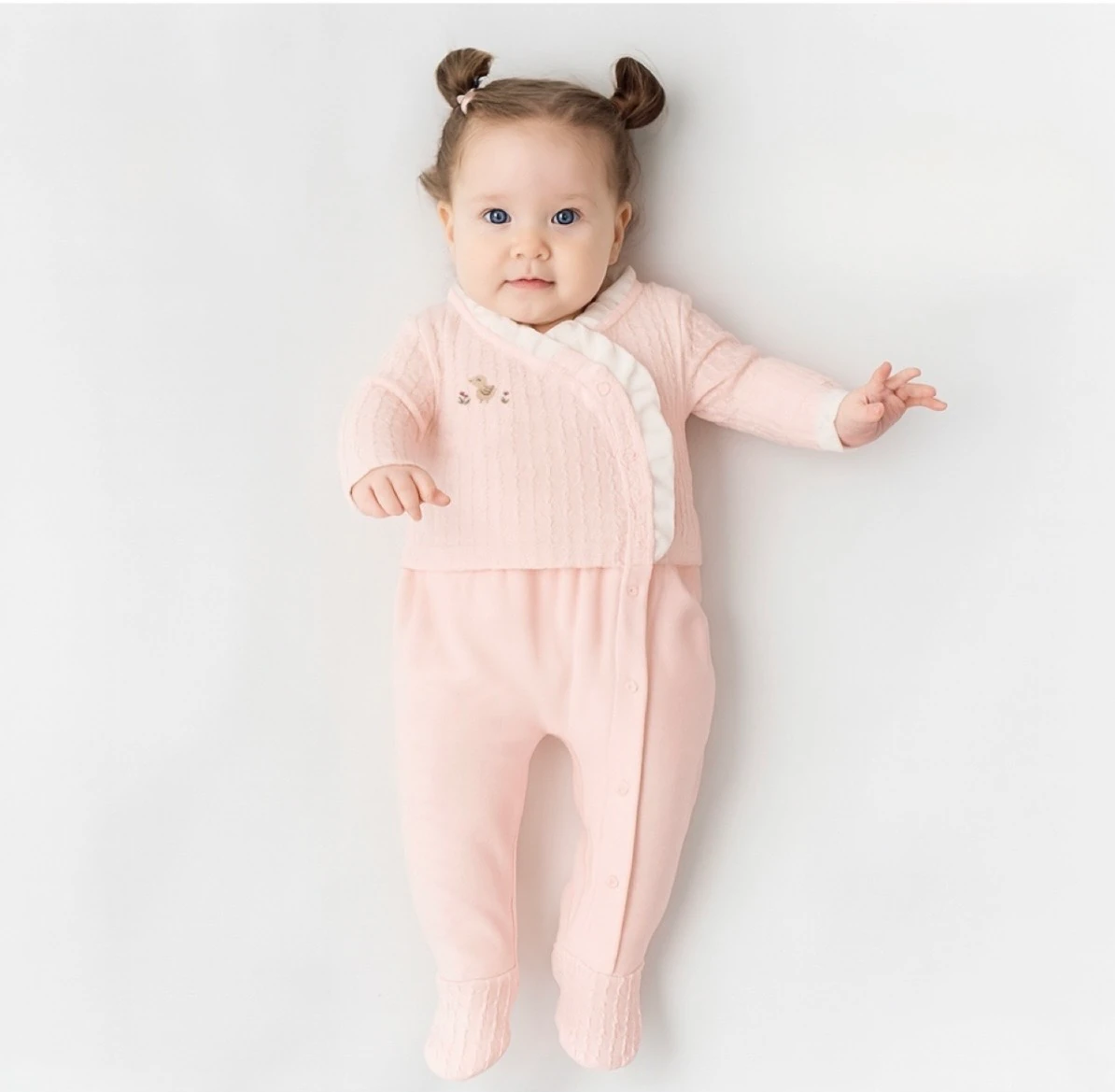 Civciv Nakışlı Fırfırlı Kruvaze  Kız Bebek Tulumu I 0-3/3-6/6-9