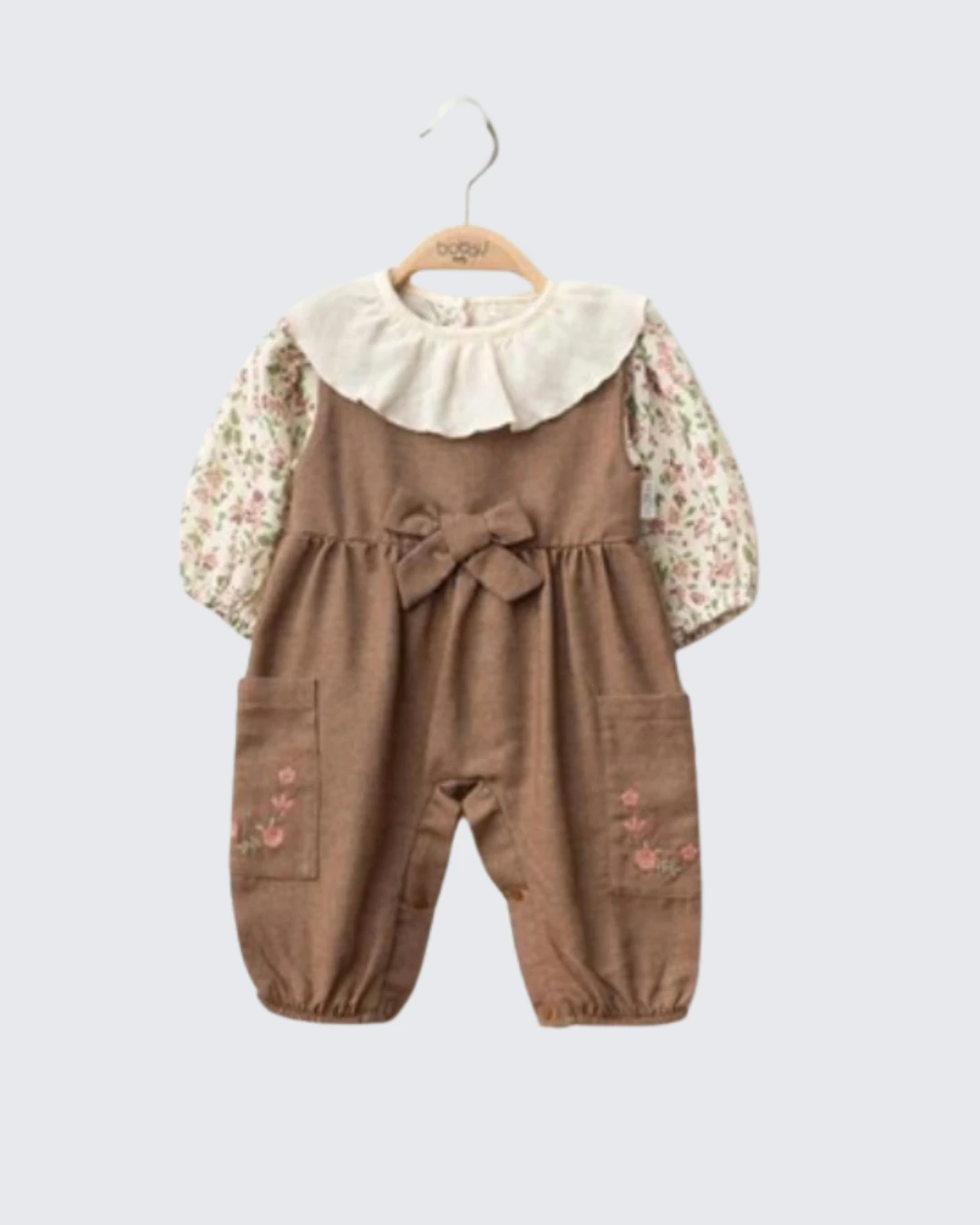 Fiyonklu Çiçek Desenli Kız Bebek Tulum | 6-9-12-18 ay