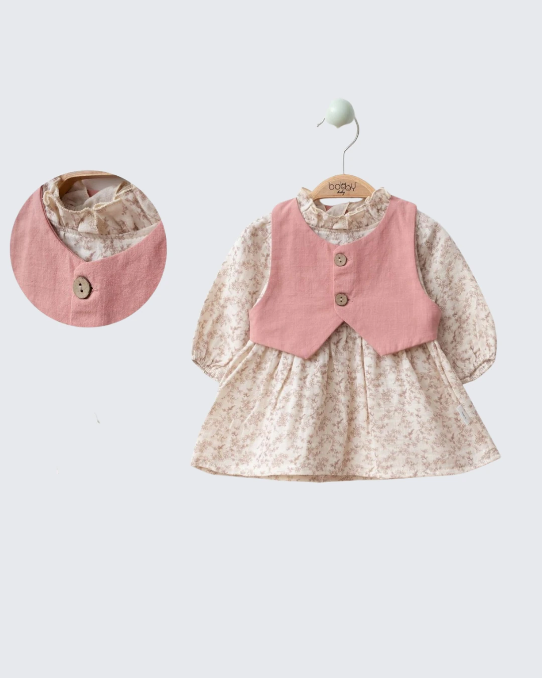 Pudra Yelekli Çiçek Desenli Kız Bebek Elbise I 6-9-12-18 Ay