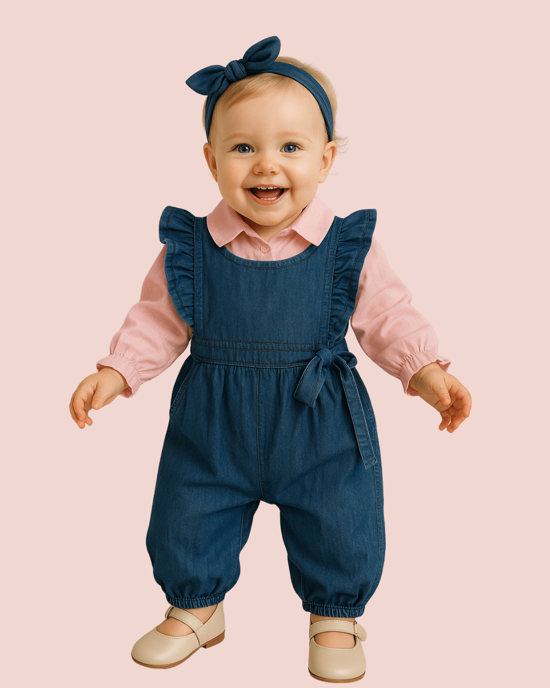 PEMBE UZUN KOL GÖMLEKLİ KIZ BEBEK KOT TULUM 0-3/6-9 AY