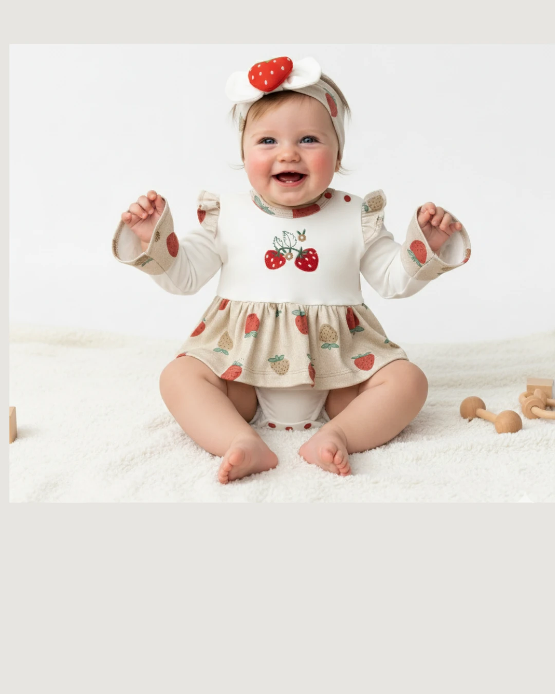 Çilek Nakışlı Fırfırlı Tulum ve Saç Bandlı Takım I 3-6-9 Ay