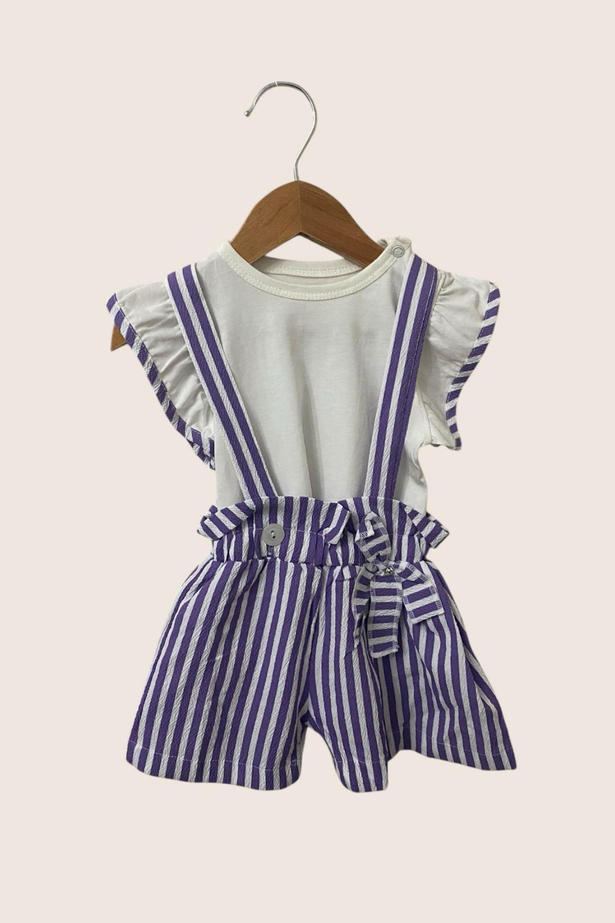 Lila Çizgili Salopetli Kız Bebek Takım | Fiyonklu Şort + Tişört 2'li Yazlık Kombin (9-12-18-24 Ay)