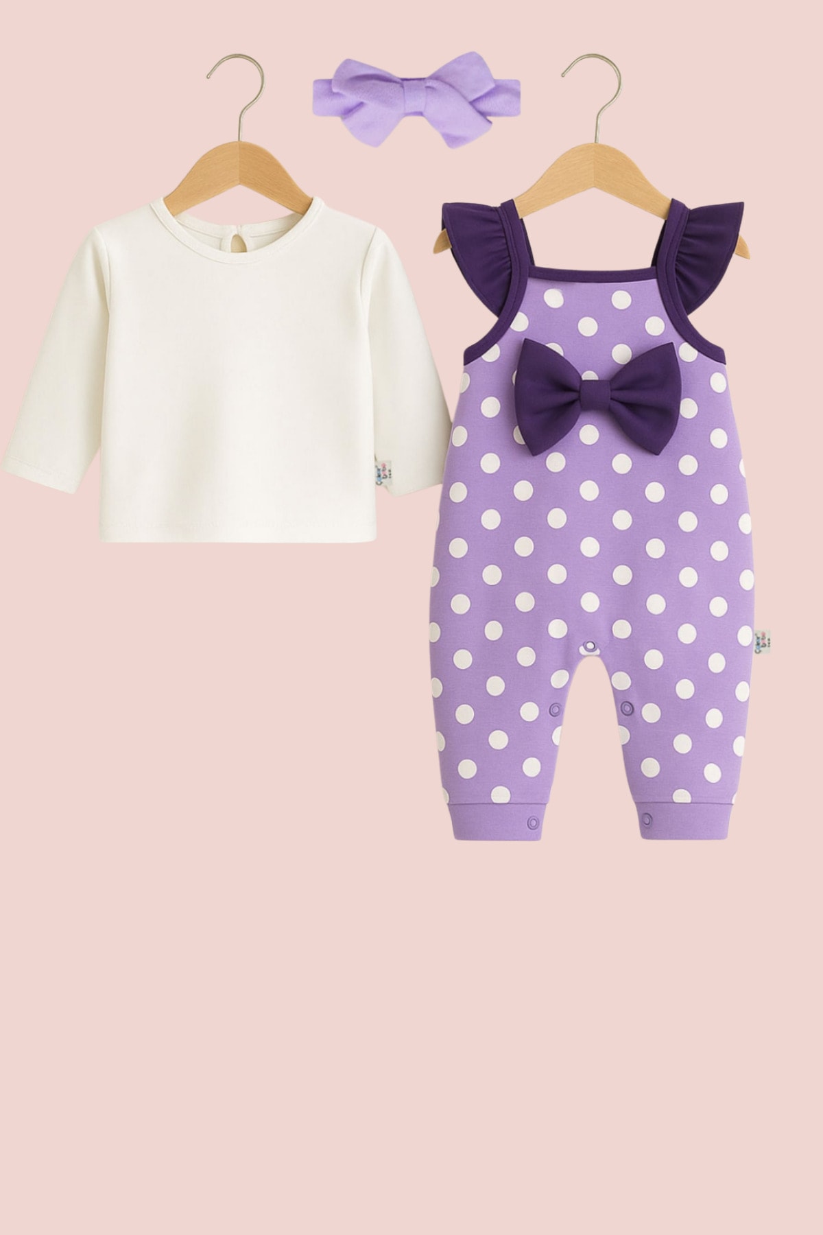 3’lü Lila Puantiyeli Tulum Takım Uzun Kollu Body + Saç Bandı + Fırfır Detaylı Tulum 3-6-9-12 ay