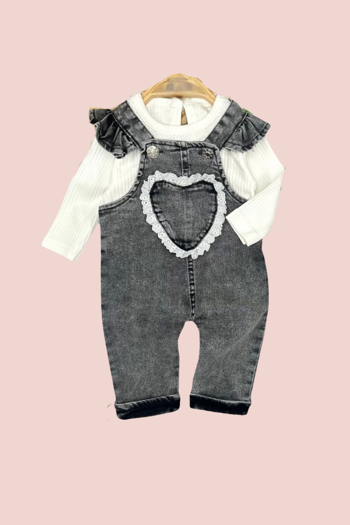 Fırfırlı Kalp Detaylı Kız Bebek Jean Tulum 6/9/12/18 Ay