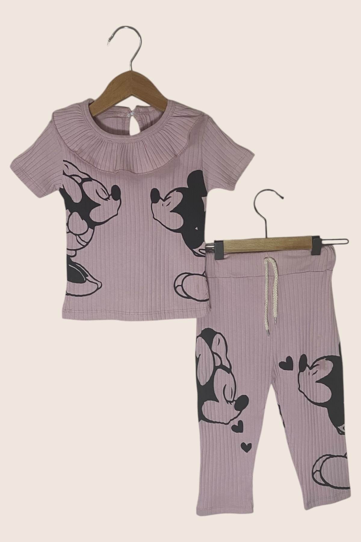 Mıckey ve minnie baskılı tokalı kısa kollu tshirt ve tayt kız bebek be çocuk takımı