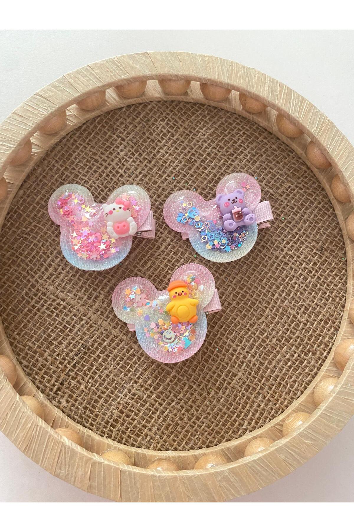 Mickey şekilli hayvan figürlü içi pullu kız bebek ve çocuk 2li pens toka