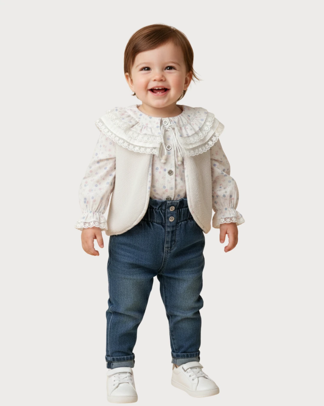 3’lü Kız Bebek Takımı – Peluş Yelek + Dantel Yakalı Müslin Gömlek + Kot Pantolon | 9-12-18-24 Ay