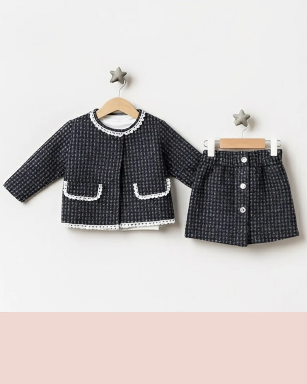 Kare Desenli Ceket Etek Takımı | Kız Bebek Şık Kombin | 6-12-18 Ay 