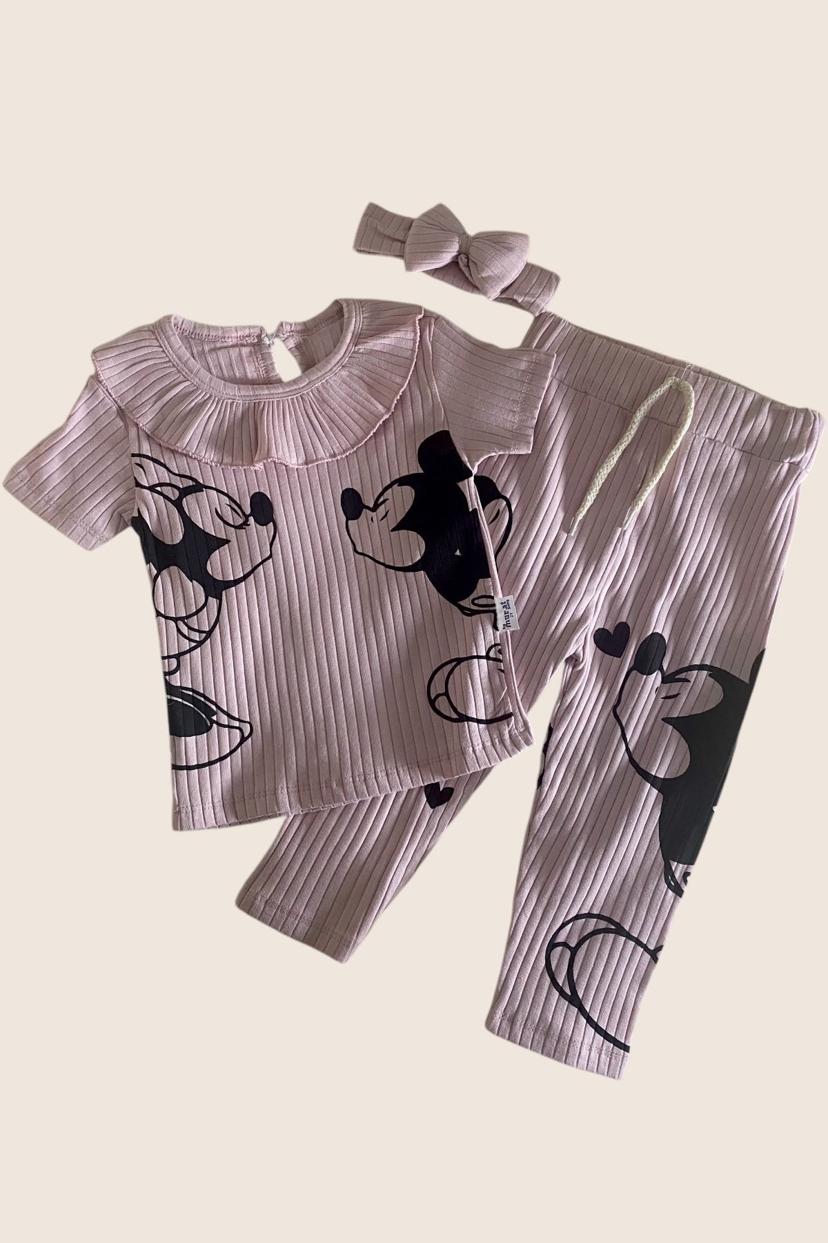 Mıckey ve minnie baskılı tokalı kısa kollu tshirt ve tayt kız bebek be çocuk takımı