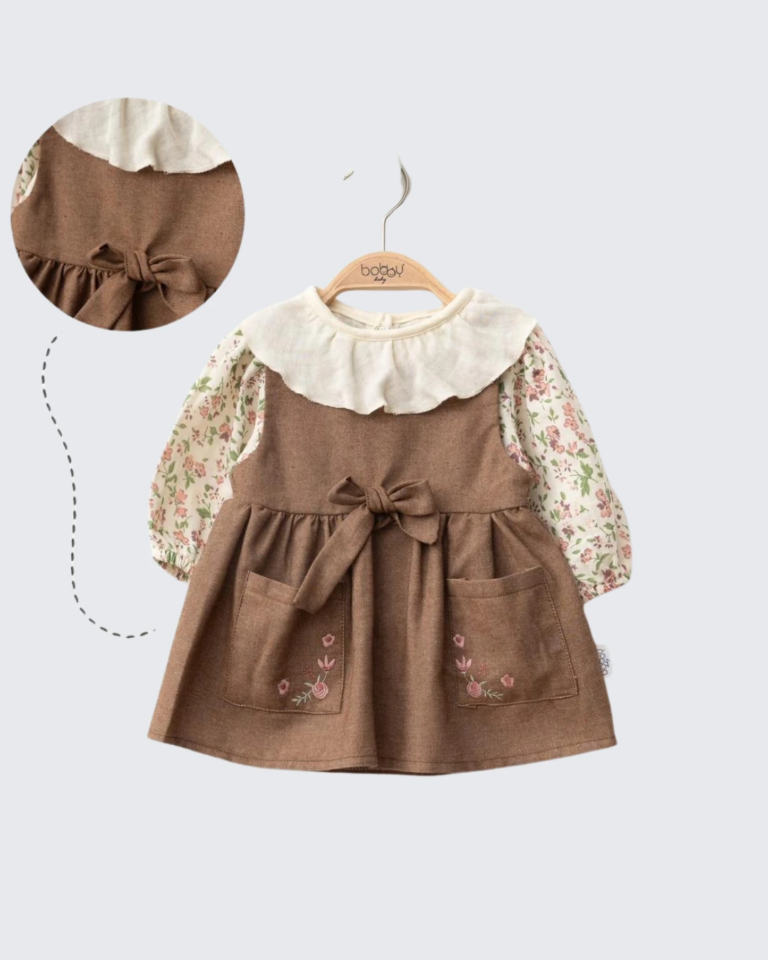 Çiçek Desenli Fiyonklu Kız Bebek Elbise | 6-9-12-18 Ay