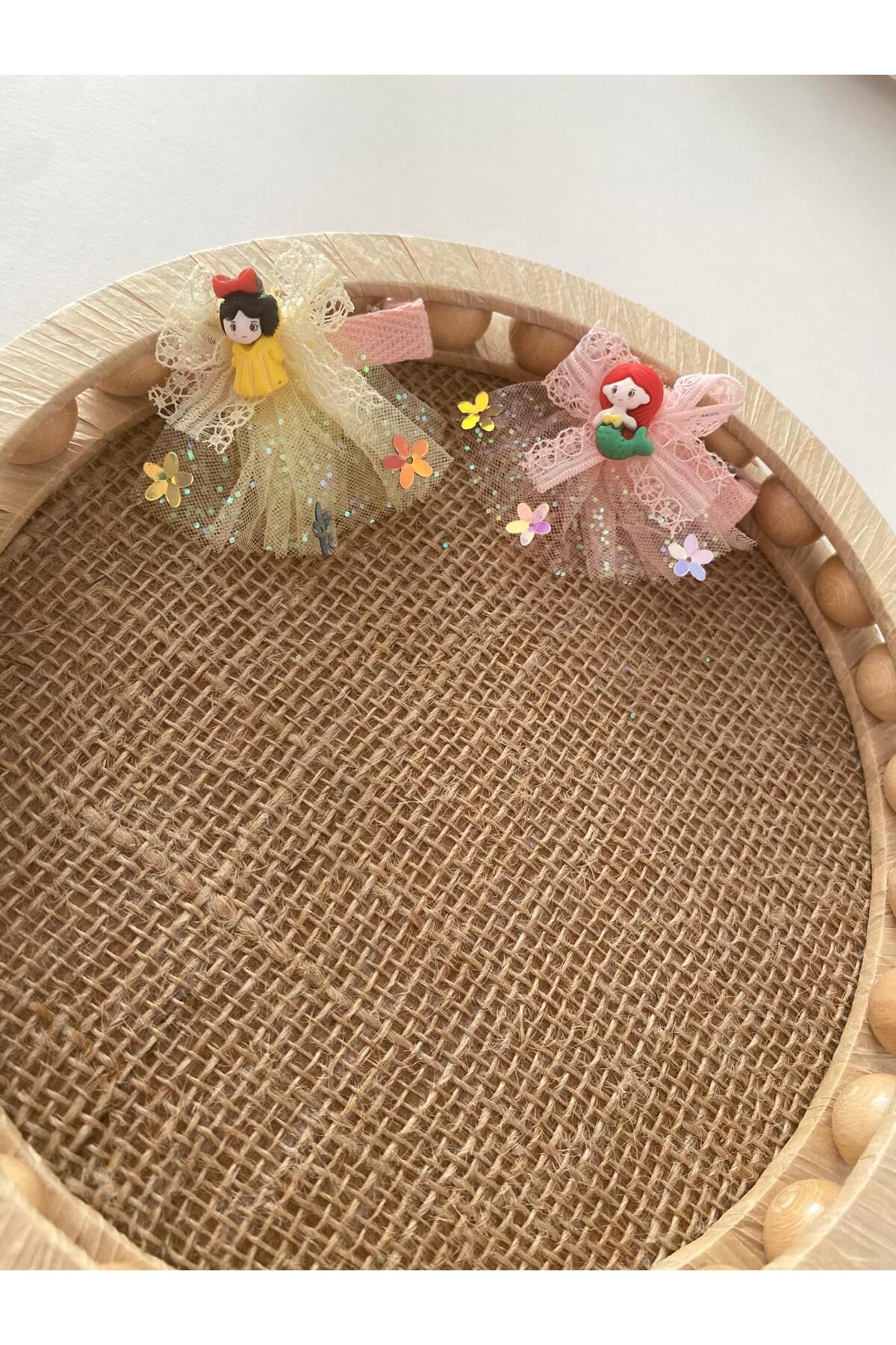 Prenses figürlü tüllü simli çiçekli kız bebek ve çocuk 2li pens toka