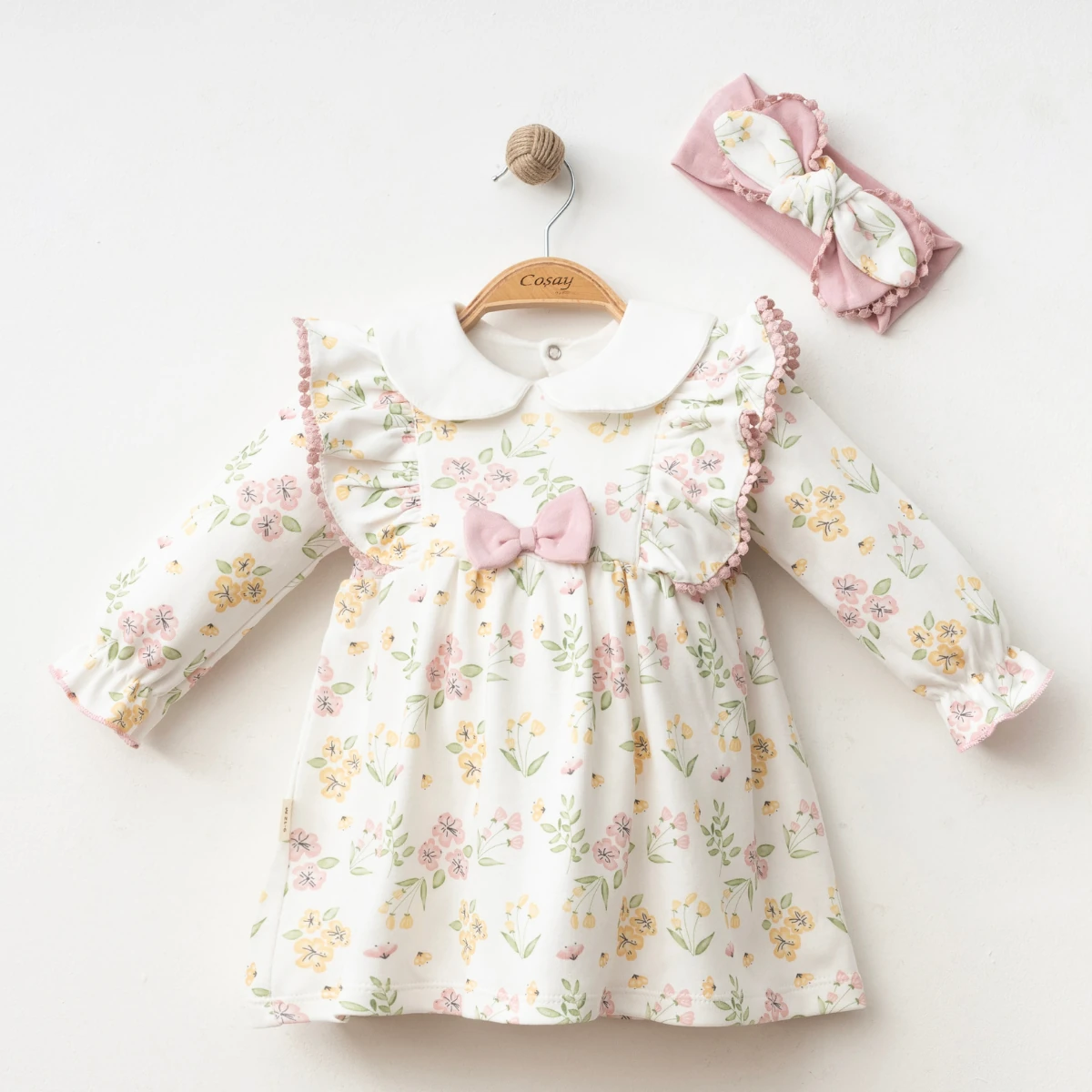 Saç Bandanalı Çiçek Desenli Bebe Yakalı Kız Bebek Elbise I 12-18-24 ay