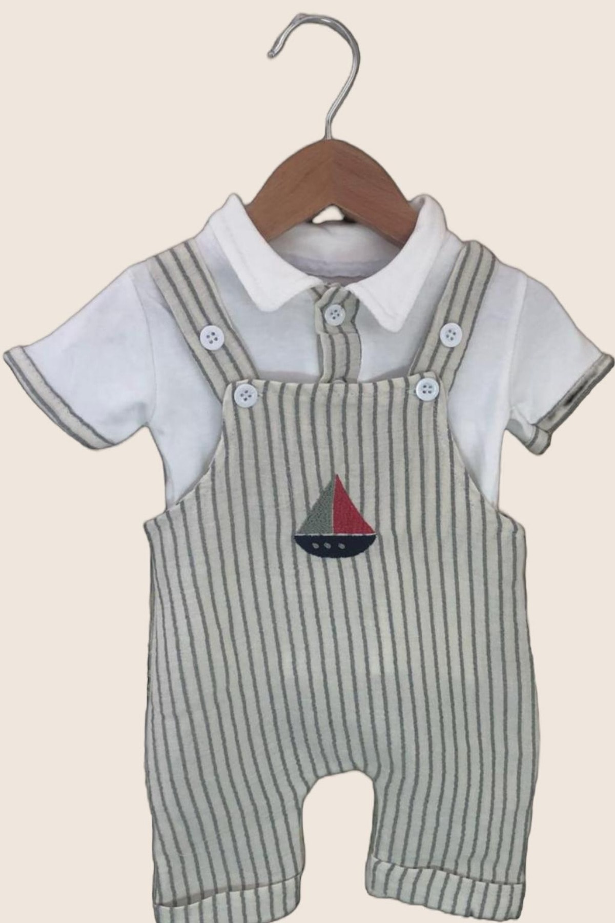 Müslin Kumaş Erkek Bebek Salopet Takım | Düğmeli Yaka Detaylı Yazlık Tulum (0-3/3-6/6-9/9-12 Ay)
