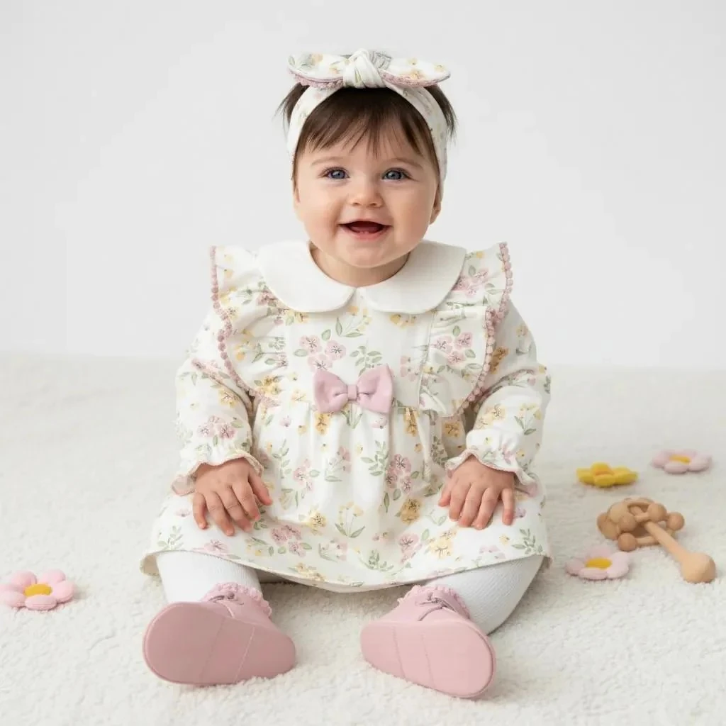 Saç Bandanalı Çiçek Desenli Bebe Yakalı Kız Bebek Elbise I 12-18-24 ay