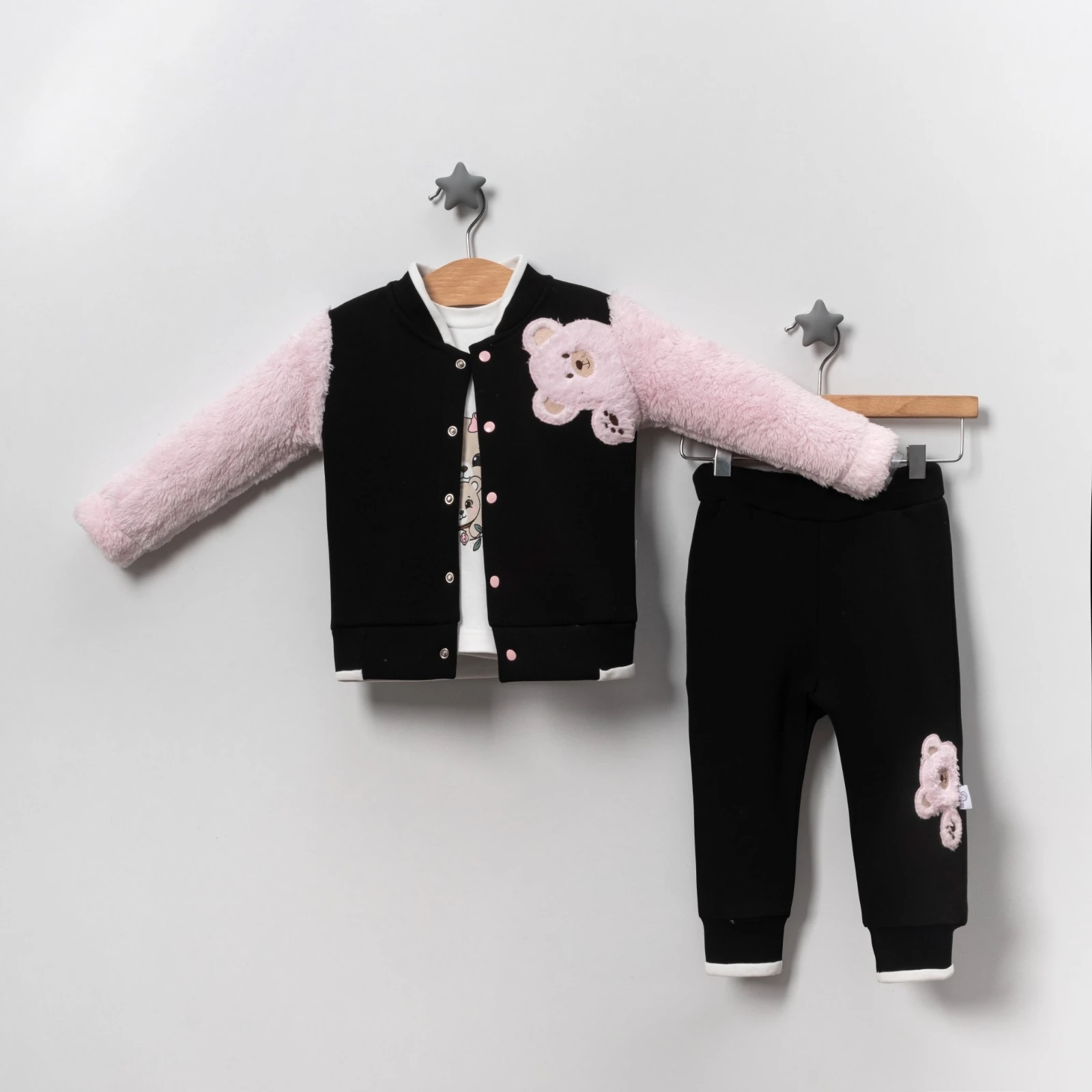 Welsoft Kollu 3’lü Ayıcık Detaylı Kız Bebek Takımı | 6-12-18 ay