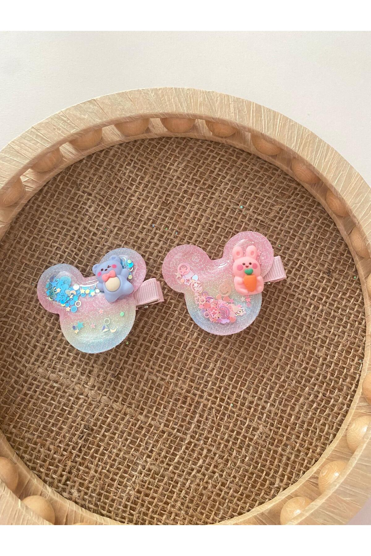 Mickey şekilli hayvan figürlü içi pullu kız bebek ve çocuk 2li pens toka