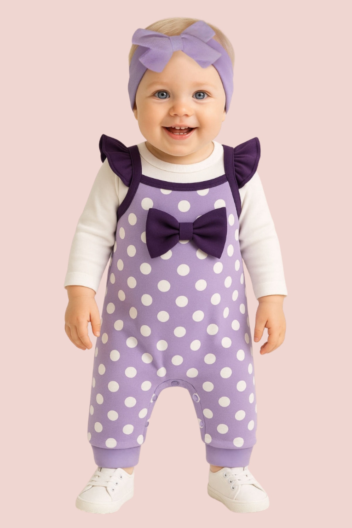3’lü Lila Puantiyeli Tulum Takım Uzun Kollu Body + Saç Bandı + Fırfır Detaylı Tulum 3-6-9-12 ay