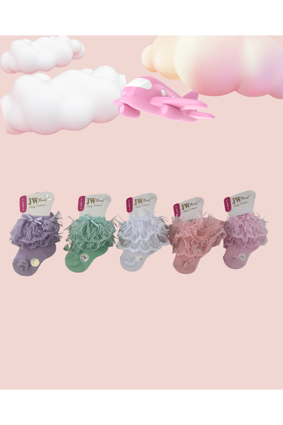 Florit dantelli 5li pastel renkli kız bebek çorabı 0-6 ay