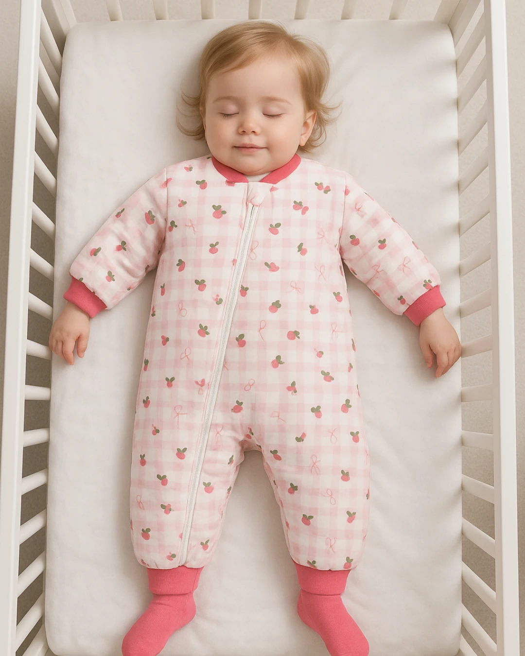 Kışlık Kalın Kumaş Kız Bebek Uyku Tulumu – Çilek Baskılı Fermuarlı Model | 1-3 Yaş