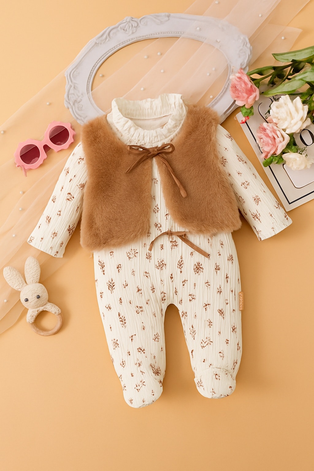 PELUŞ YELEKLİ YAKA VE KOL FIRFIR DETAYLI PATİKLİ KIZ BEBEK PAMUKLU TULUM 0-3/3-6 AY