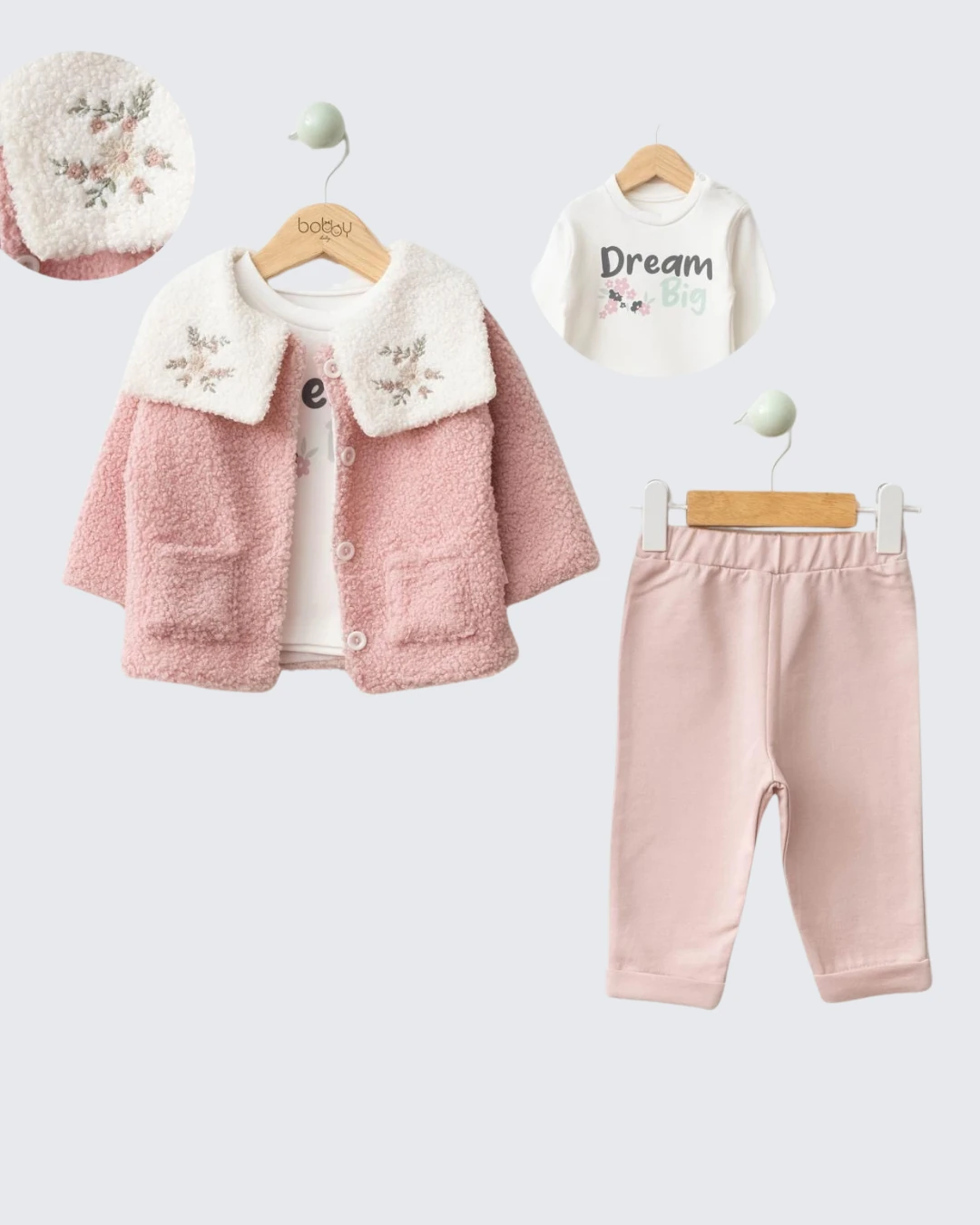 İşlemeli Peluş Ceketli 3’lü Kız Bebek Takımı I 6-9-12-18 Ay