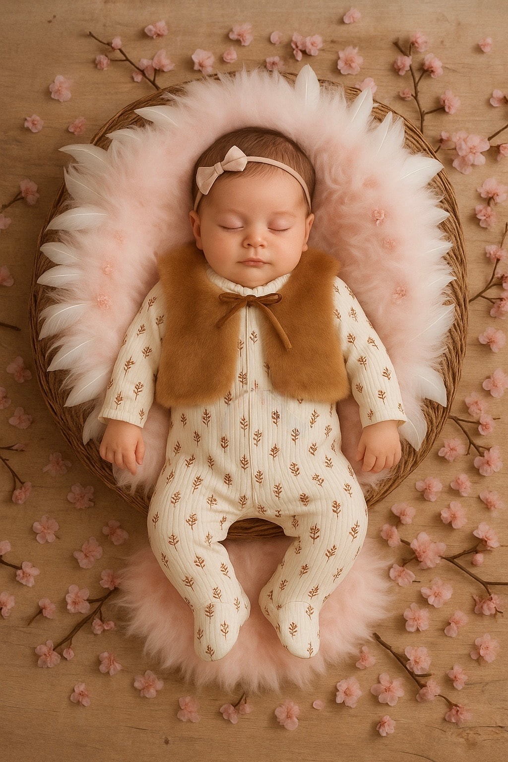 PELUŞ YELEKLİ YAKA VE KOL FIRFIR DETAYLI PATİKLİ KIZ BEBEK PAMUKLU TULUM 0-3/3-6 AY