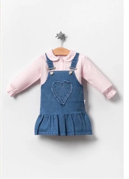 Uzun kol Pembe Gömlekli Kalpli Kız Bebek Kot Elbise I 6-9/9-12/12-18 ay