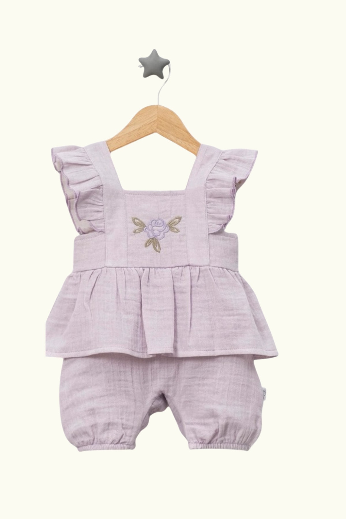 Lila Kız Bebek Yazlık Fırfırlı Şortl Görünümlü Tulum Müslin Kumaş 0-3/3-6/6-9 Ay Arası