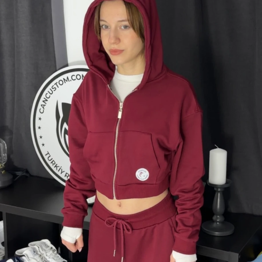 Premium Oversize Crop Ceket - Bordo