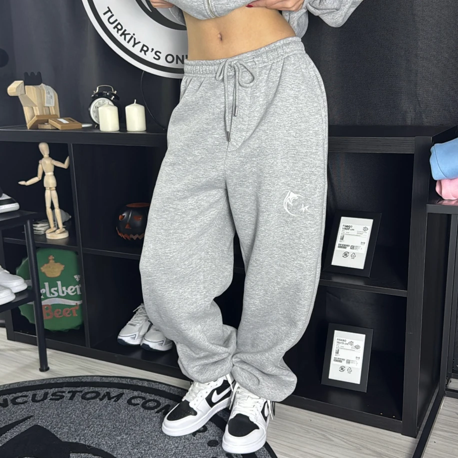 Custom Kışlık Premium Lastikli Paça Oversize Eşofman Altı - Gri