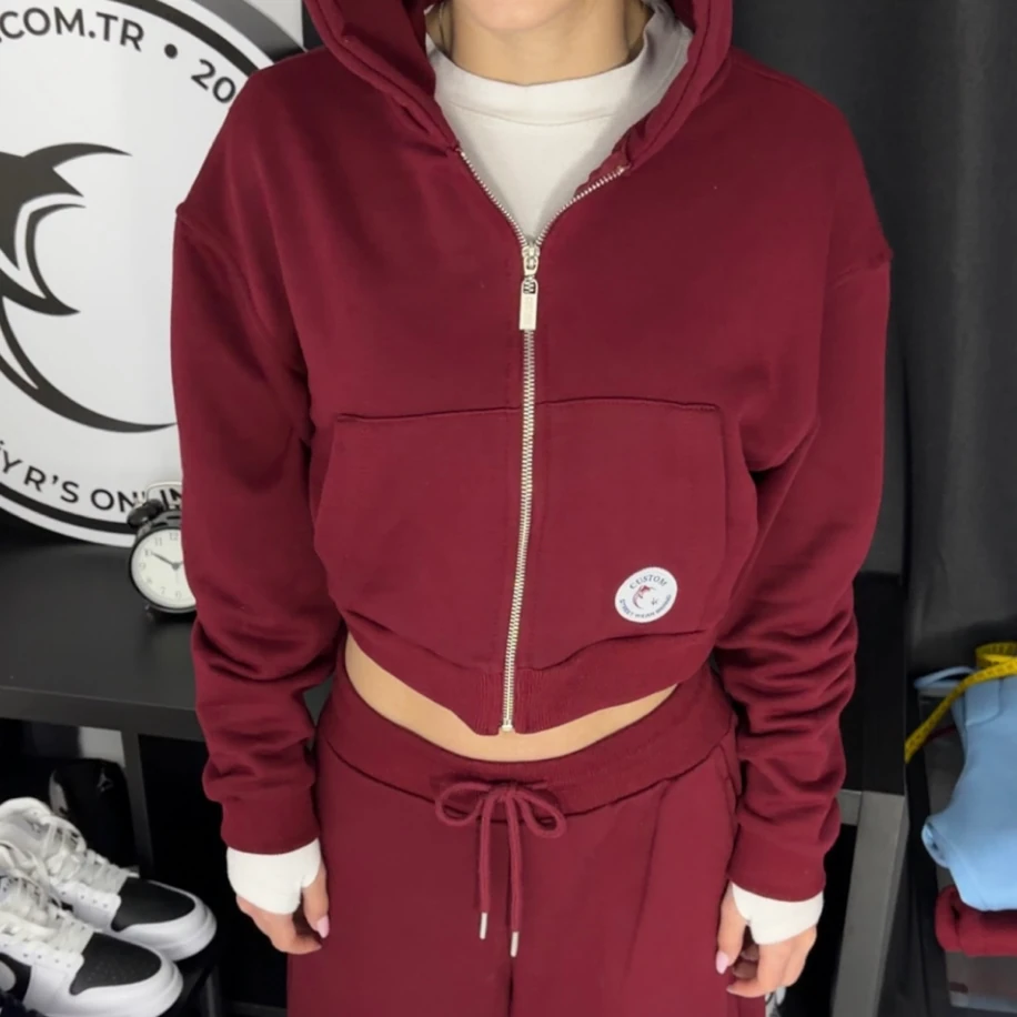 Premium Oversize Crop Ceket - Bordo görsel 3