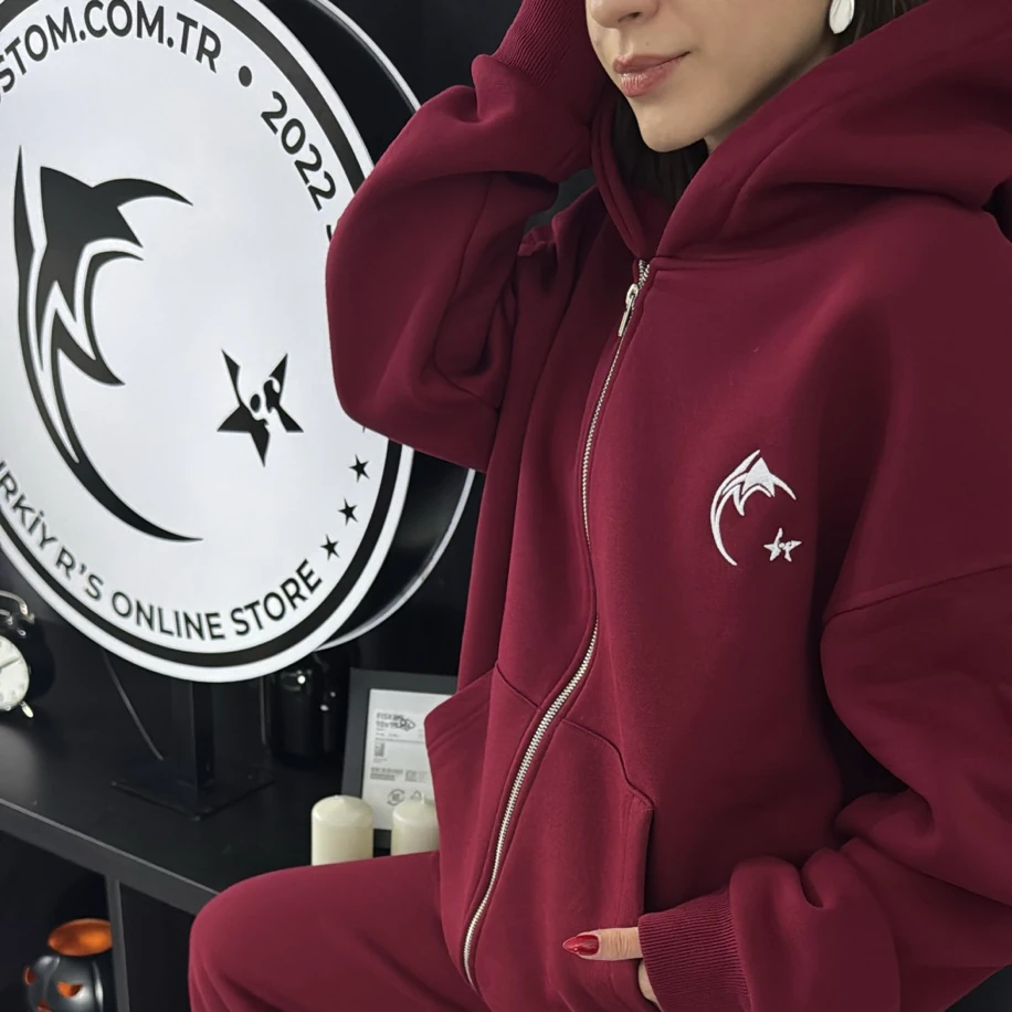 Custom Kışlık Premium Oversize Eşofman Üstü - Bordo görsel 2