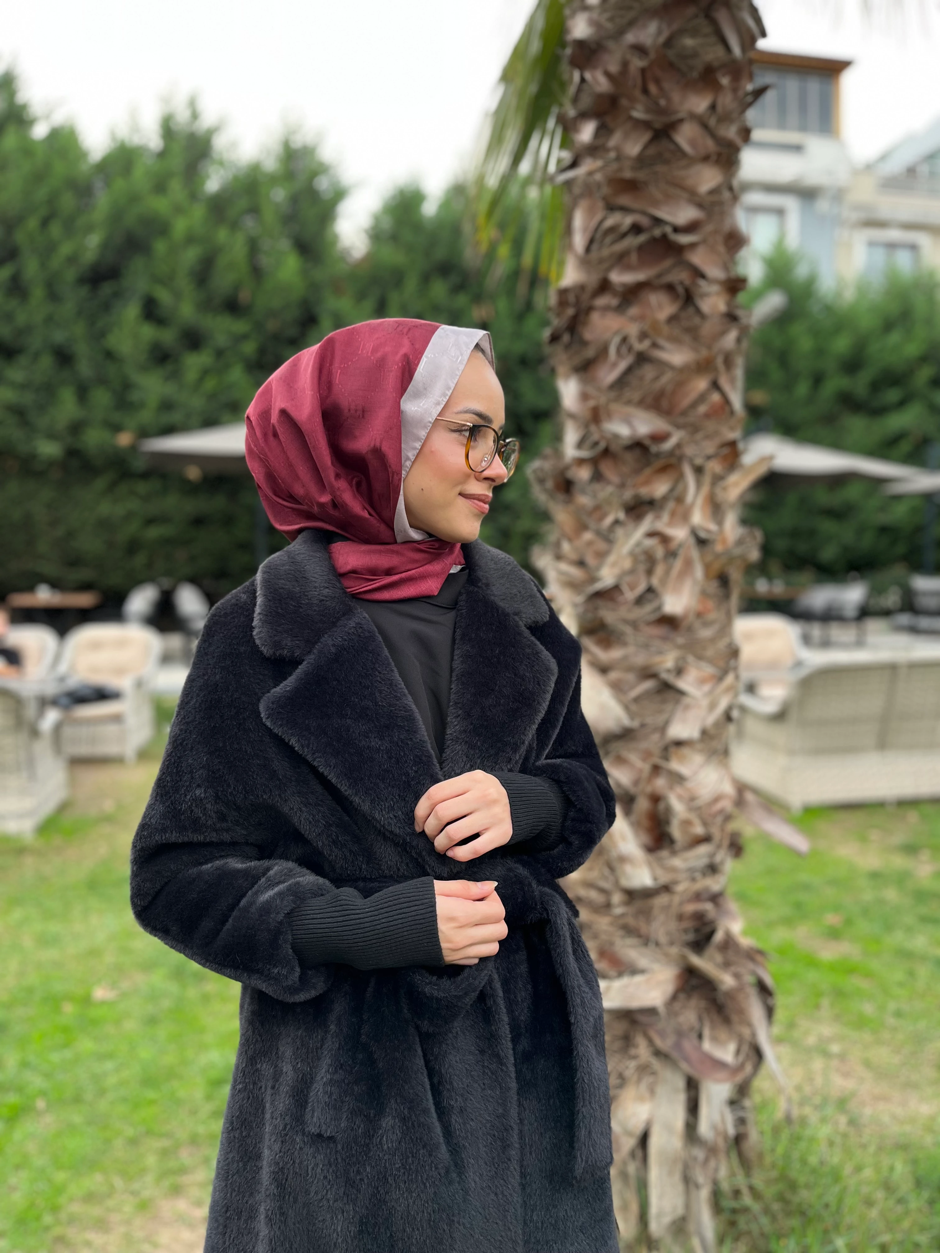 Kadın Çift Yakalı Kuşaklı Angora Kaban 15229KBN Siyah