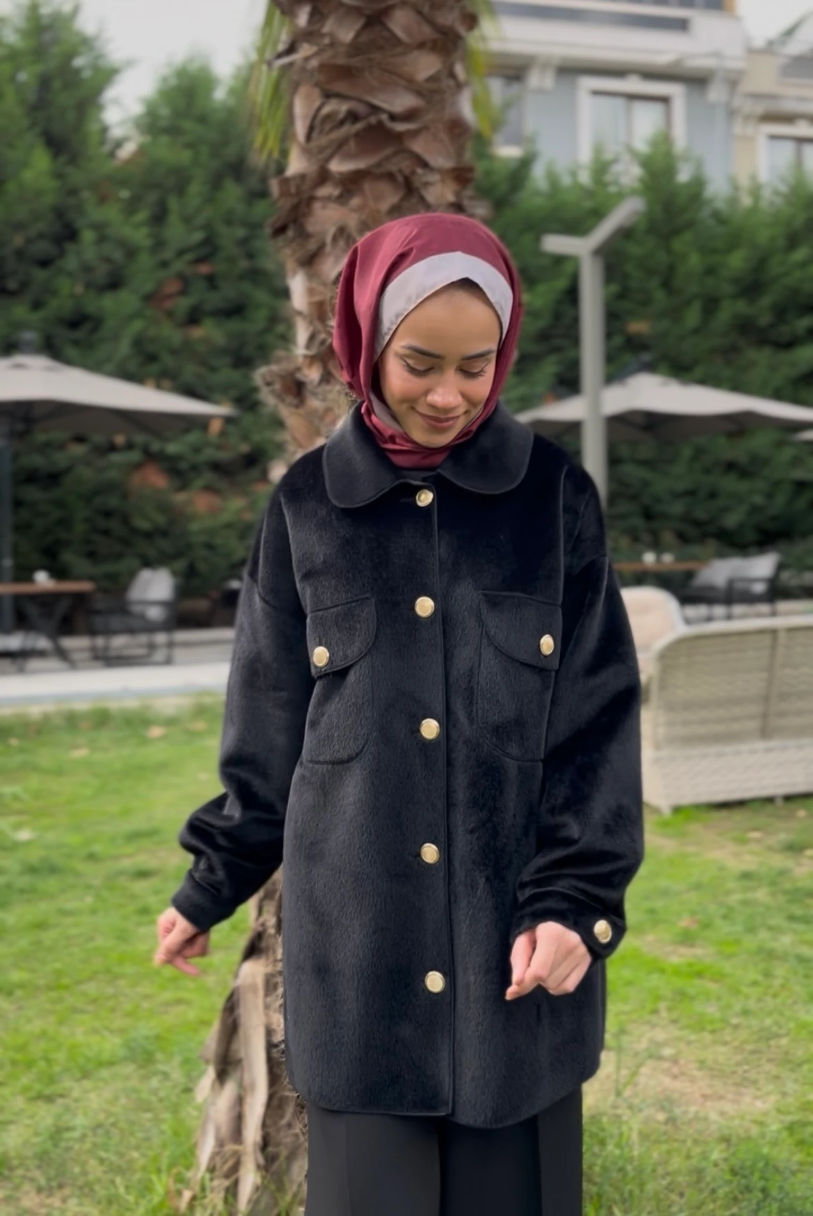 Kadın Tay Tüyü Gold Düğme Detaylı Ceket 32412 Siyah 