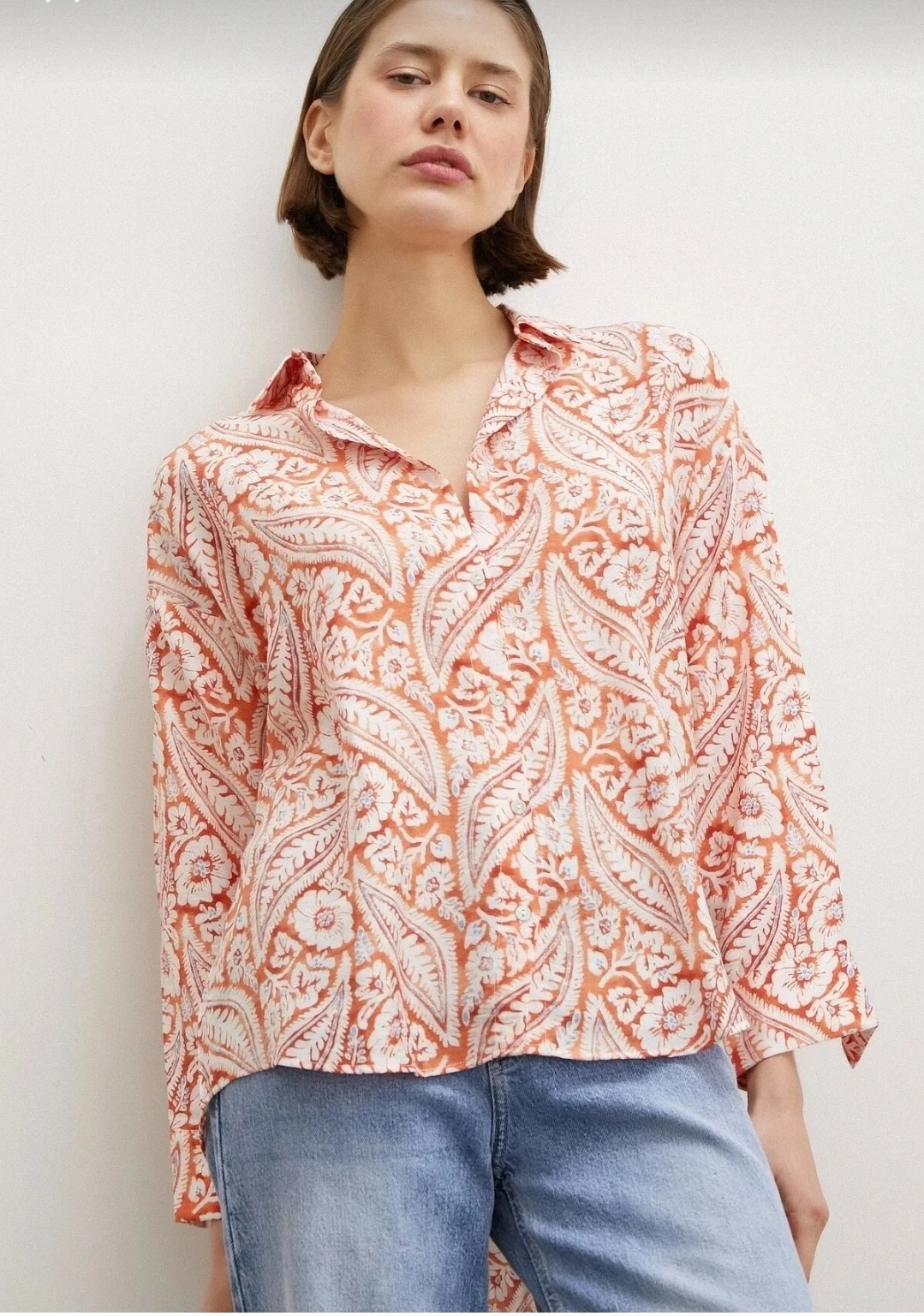 Kadın Şal Desen Modal Gömlek Turuncu 