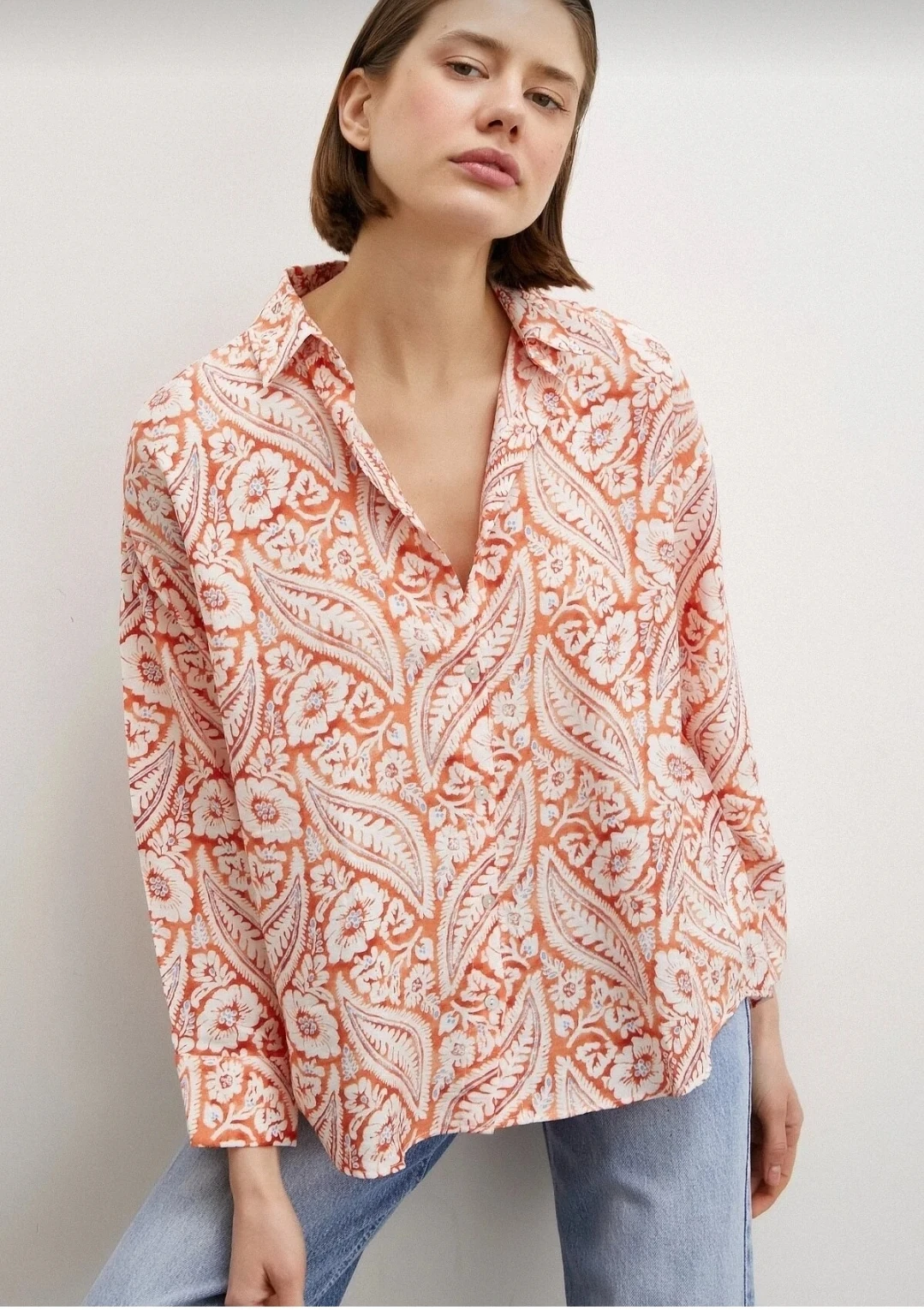 Kadın Şal Desen Modal Gömlek Turuncu 