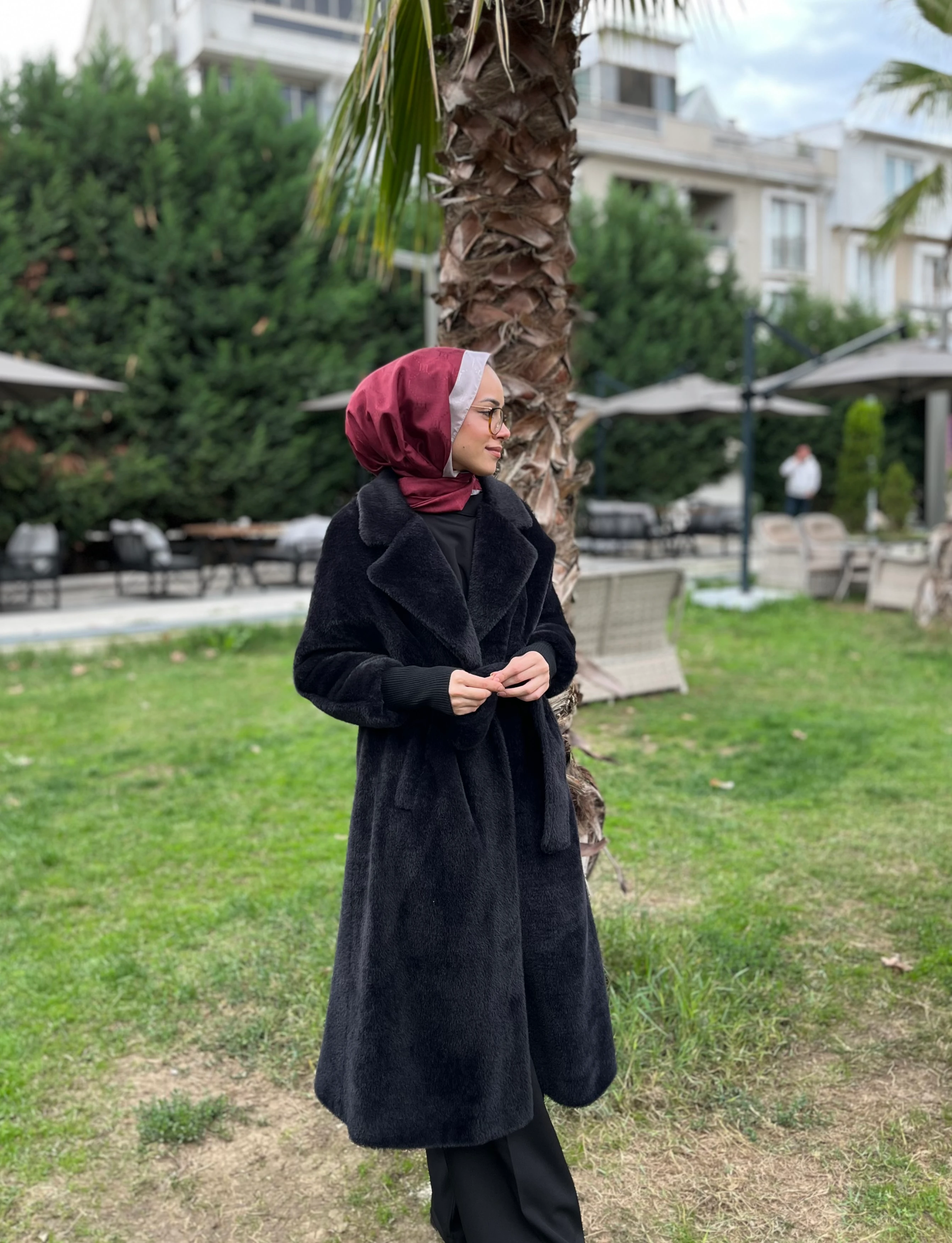 Kadın Çift Yakalı Kuşaklı Angora Kaban 15229KBN Siyah