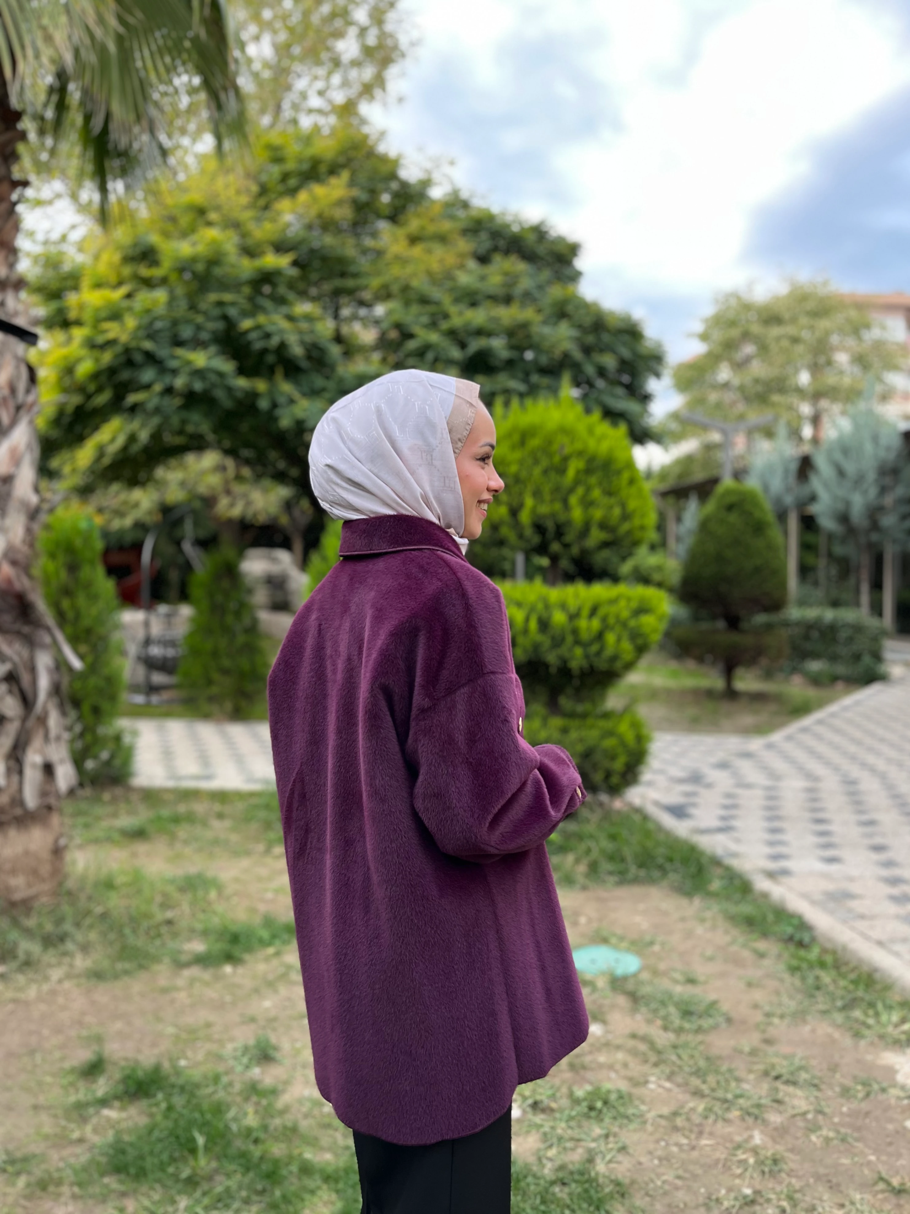 Kadın Tay Tüyü Gold Düğme Detaylı Ceket Mürdüm